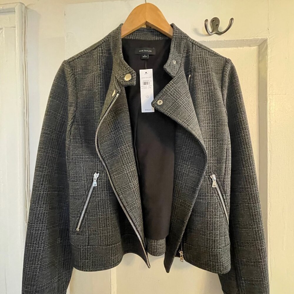 Ann Taylor Black Gray Plaid Wool Jacket with Zippers US Size 10